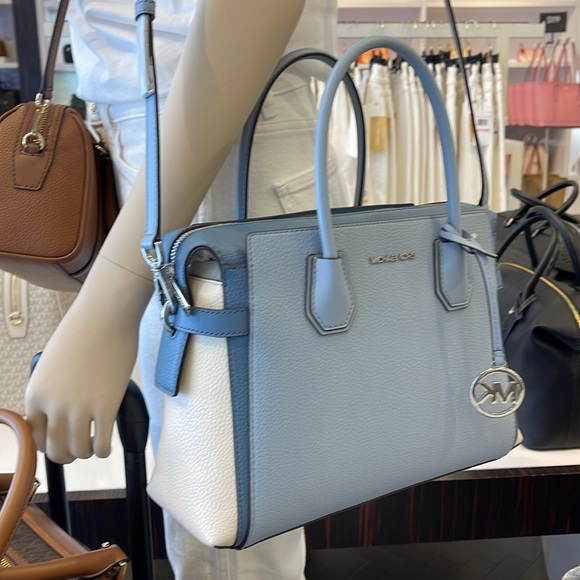 Michael Kors Mercer Medium Top Sip Color-Block Belted Satchel Crossbody Purse MK - Picture 13 of 16